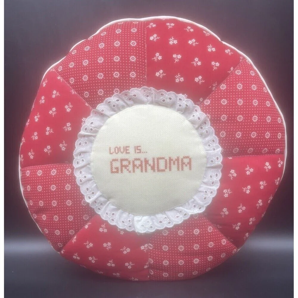 VTG Round Cross Stitch LOVE IS GRANDMA Quilted Lace Reversible Pillow‎ 18”